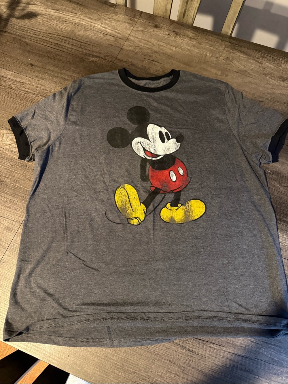 Hanes Gray Ringer Mickey Mouse Graphic Tee with Yellow & Red Accents